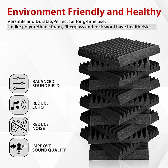 FONESO Acoustic Panels, High Density Soundproof Foam Panels, Fire Resistant Sound Absorbing Acoustic Foam Panels for Studio Recording, Black 1"x12"x12" 12 Pack with Adhesive