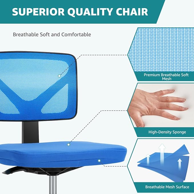 OLIXIS Armless Office Chair, Ergonomic Desk Chair with Wheels, Mesh Back, Removable Washable Foam Cushion, Height Adjustable Rolling Swivel Chairs for Small Space, Home, Office, Blue