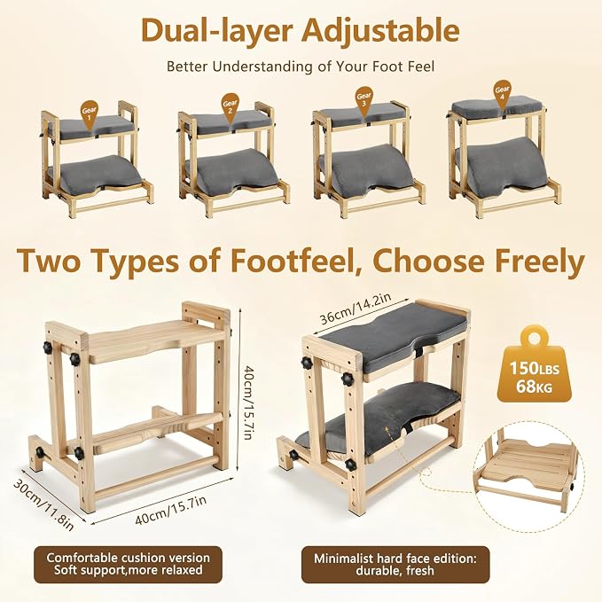 Foot Rest for Under Desk, Double Layer Wooden Foot Stool with 4 Heights Each Layer, Ergonomic Office Gaming Footrest, Wide Anti-Slip Platform with Removable Cushion (Natural Wood)