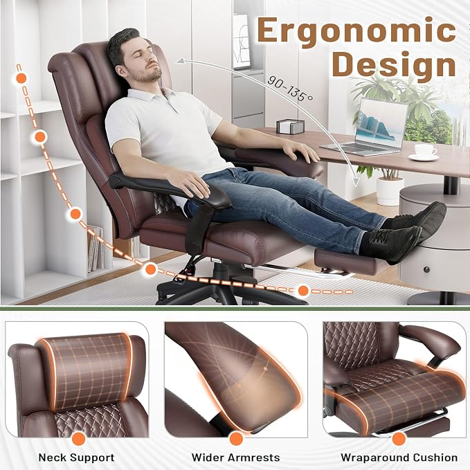 HOMREST Big and Tall Office Chair, Brown | 500lbs Heavy Duty, Adjustable Lumbar Support & Backrest, Ergonomic Executive Leather, Wide Armrests and Wheels