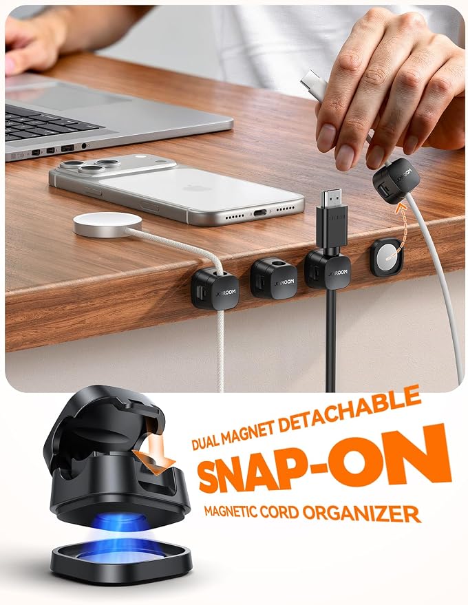 JOYROOM Detachable Magnetic Cord Organizer w/Secure Snap-Lock, 2-in-1 Adhesive& Magnetic Cable Clips, Auto-Fit Spring Management for φ1.5~8mm Cables, Under Desk Nightstand Home Office Car Wire Keeper