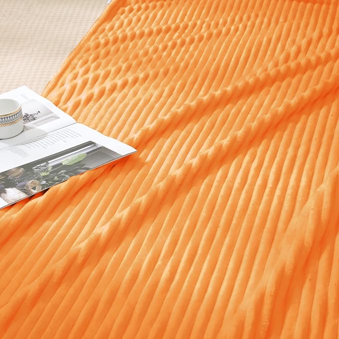 Vessia Flannel Fleece King Size Bed Blanket(108x90 inch), 300GSM Orange Striped Bed Blanket for Adults, Super Soft Warm Cozy Lightweight Ribbed Decor for All-Season
