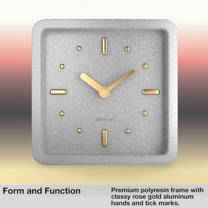 Driini Modern Mid Century Desk & Shelf Clock (Gray and Gold) - Battery Operated with Silent, Analog Movement – Small Tabletop Clocks for Office – Perfect for Mantle, End Table, Desktop or Nightstand