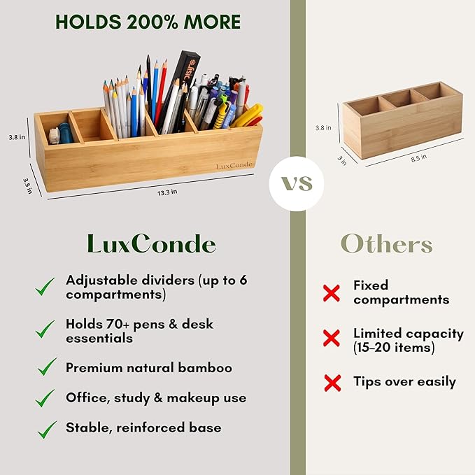 Bamboo Pencil Holder 13.3 X 3.1 X 3.8 In with 6 Adjustable Compartments. Desk Pencil Holder - Pen Holders for Desk, Desktop Pen Organizer - Pens Organizer, Organizador de Lapices