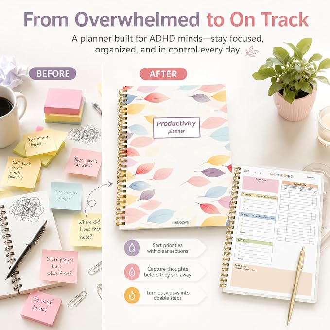 ADHD Planner for Women，Daily Productivity Planner with Task Management Organizer for Neurodivergent Adult,Teens , Self-Cares, Daily Schedule,To-Do List,Brain Dump,ADHD Journal with Cardboard Cover to Stay Organized and Focused (Colorful Leaves)