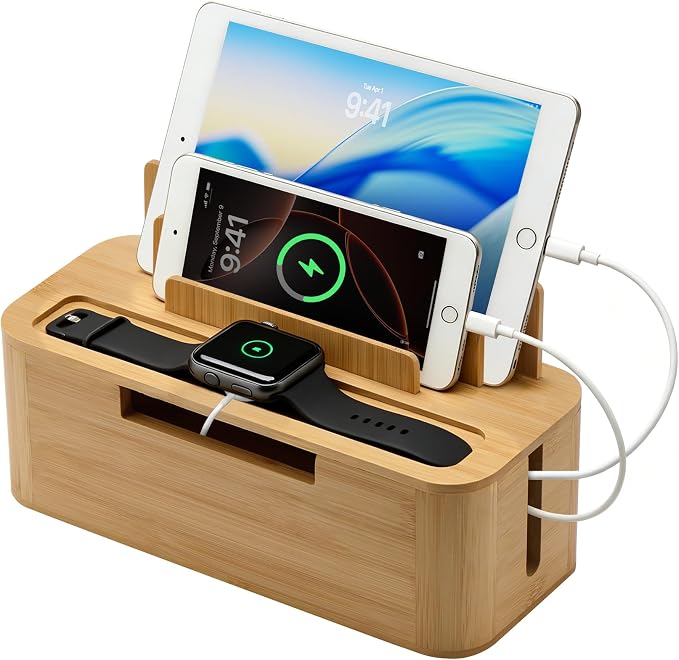 Bamboo Charging Docking Station, Multiple Device Desktop Organizer with Cable Management, Compatible with Phone, Tablet, Watch, Earbuds, Home Office Nightstand