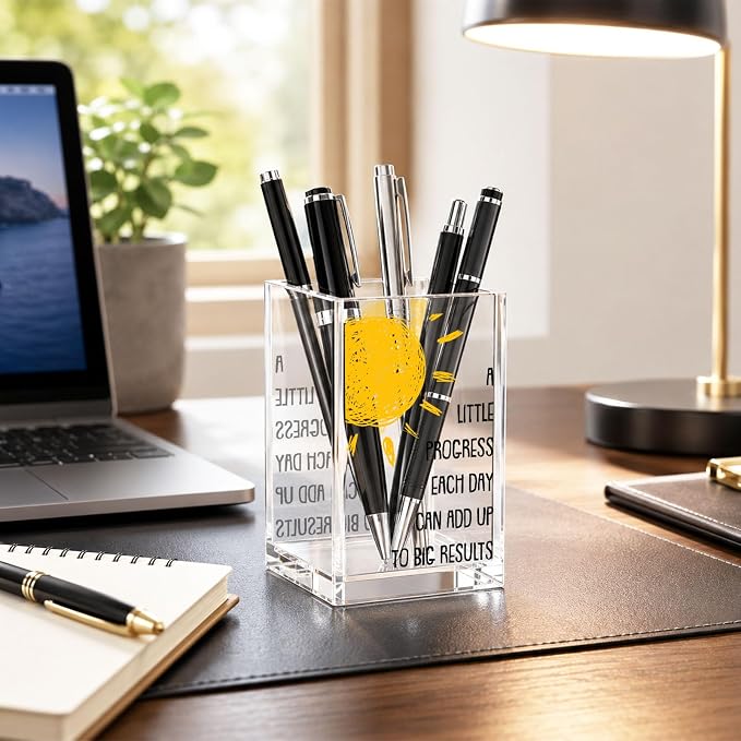 Acrylic Pen Holder Cup, Inspirational Affirmations Desk Decor, Positive Quotes Pencil Holder Organizer, Motivational Office Accessories, Encouragement Gift for Women Teacher Student