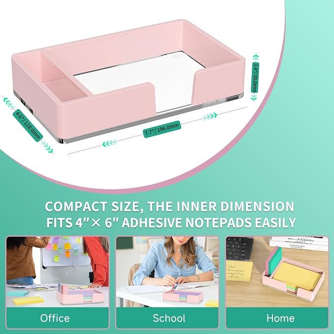 Sticky Note Holder with Pen Slot, Pink Acrylic Notepad Holder 4x6 in Self-Stick Note Dispenser Office Desk Accessories, Memo Pad Holder Organizer for Classroom School Supplies