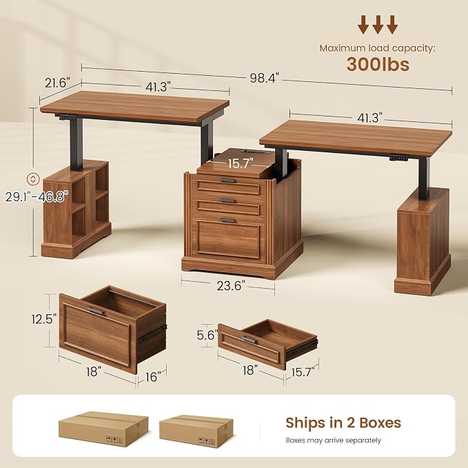 SEDETA Standing Two Person Desk, 98.4'' Farmhouse Long Computer Desk with 3 Drawers, Storage Cabinet, Electric Height Adjustable 2 Person Desk with Power Outlets for Home Office, Brown