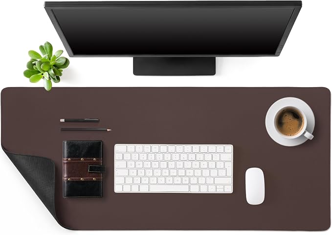 Tegeme Genuine Leather Desk Mat Large Desk Pad 35.4 x 15.7 Inch Non Slip Leather Table Protector with Stitched Edges and Rubber Base Brown Stylish Laptop Mat Smooth Writing for Workspace Home Office