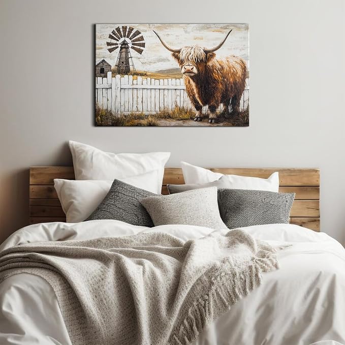 Country Farm Autumn Landscape Canvas Wall Art Vintage Longhorn Cow Pictures Farmhouse Kitchen Wall Decor Abstract Wild Animal Artwork for Walls Brown Cattle Posters Men's Bedroom Decorations 24x36"