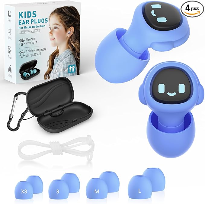 Kids Ear Plugs for 5-12 Yr, 27 dB Noise Reduction Extra Small Earplugs, Ear Plugs for Kids for Noise Sensitivity, Socializing, Sleep, Focus, 4 Sizes Ear Tips in XS-L (Purple+Cord)
