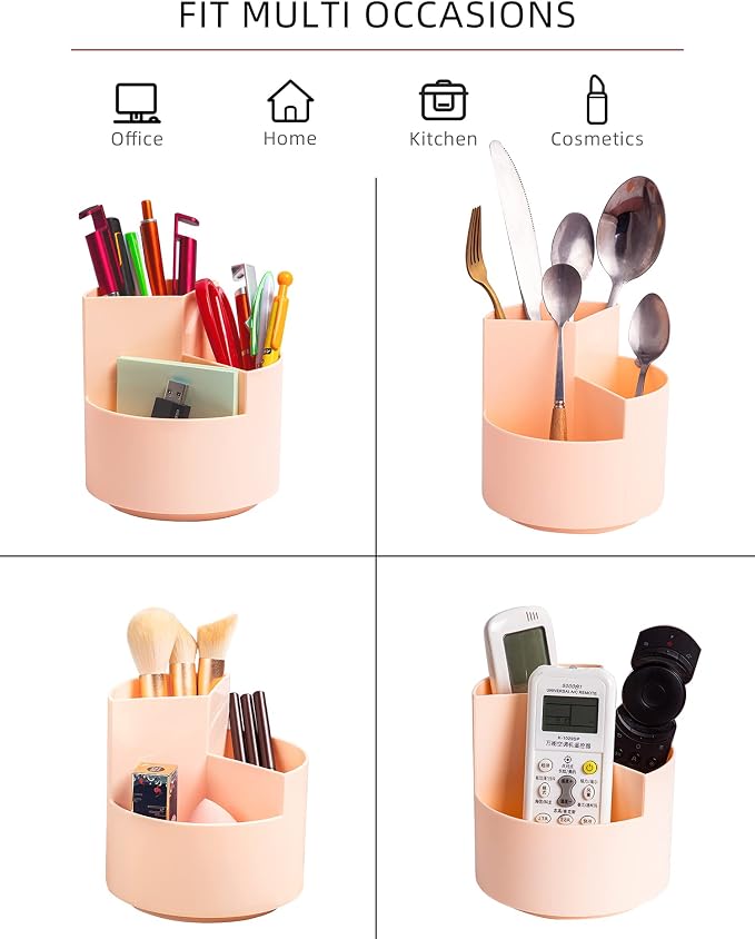 Desk Pencil Pen Holder, 3 Slots 360-Degree Spinning Organizers, Desktop Storage Stationery Supplies, Cute Cup Pot for Office, School, Art Supply, Kids - Pink