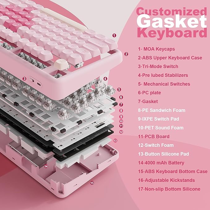 YUNZII B87 Wireless Mechanical Keyboard,QMK/VIA Programmable,TKL Layout 87 Keys,BT/2.4G/USB-C,Hot Swap Gasket Mount RGB Backlit Gaming with Wrist Rest for Win/Mac (Pink, Milk V2)