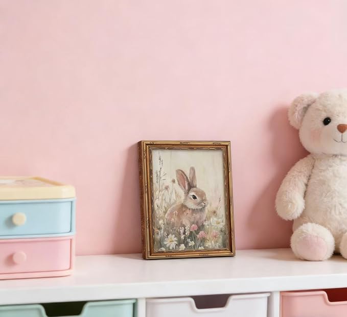 Vintage Gold Framed Bunny Wall Art, Spring Rabbit and Wildflowers Cottagecore Painting Canvas Print, Country Animal Picture Wall Decor, Rustic Farmhouse Floral Poster Artwork for Living Room Bedroom