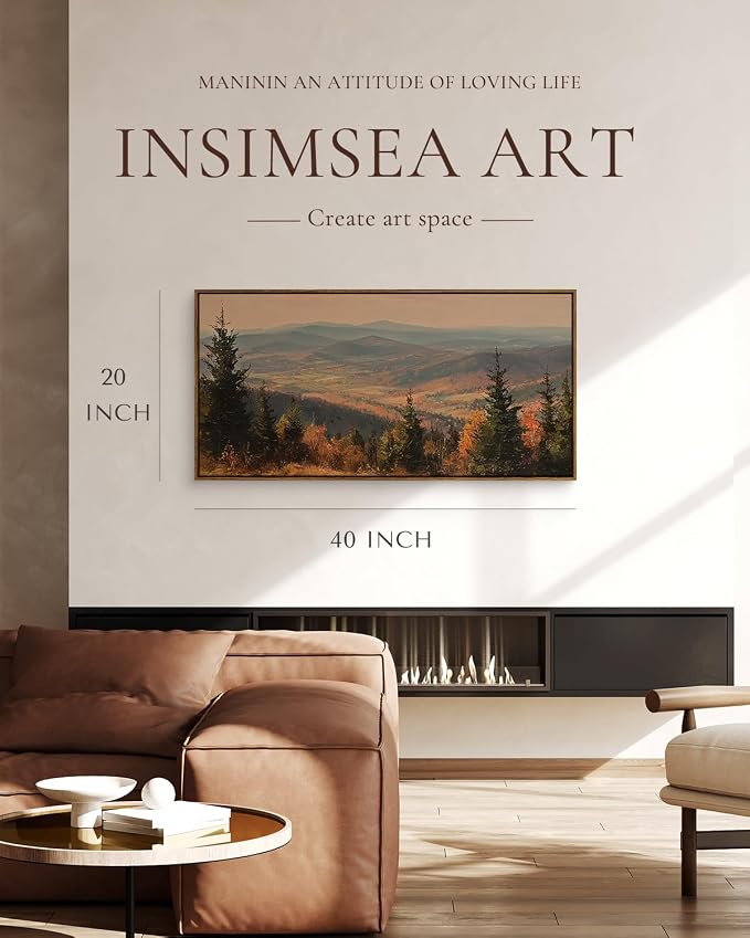InSimSea Extra Large Framed Vintage Fall Wall Art, Living Room Farmhouse Decor, Autumn Mountains Forest Landscape Canvas Prints, Retro Long Pictures for Bedroom Above of Bed, 20x40inch