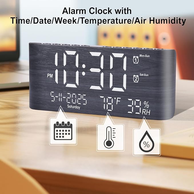 PPLEE 8.7-Inch Large Display Digital Alarm Clock, Dual Alarms & 2 USB | Day, Date, Temperature & Humidity Display, Adjustable Brightness, Snooze and Dual USB Charging for Bedroom and Heavy Sleepers