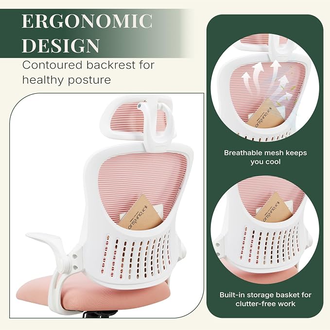 Ergonomic Office Chair, Desk Chair Comfy with Wheels, Adjustable Headrests, Small Office Chair with arms, Breathable Mesh High-Back, Comfortable Swivel Seating for Home Office, Pink