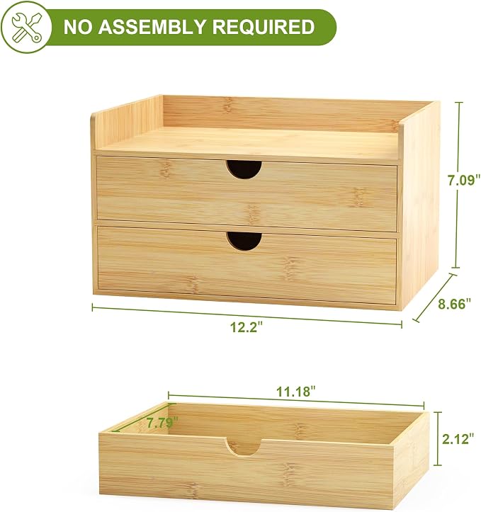 Bamboo Desk Organizer with Drawers, Desktop Storage Box for Office Supplies | 2 Drawers Desktop organizer, No Assembly Required, Natural Wood Wooden Desktop Drawers for Bills, Cosmetics, Seals, Paper
