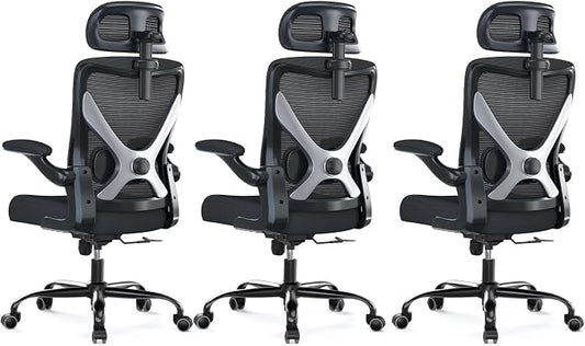 Ergonomic Office Chair: Mesh Desk Chair Comfy with Headrest& Lumbar Support | Ergalithic Big and Tall Office Chairs with Wheels & Flip-Up Arms-Computer Gaming Chairs for Adults (Black-Pack of 3)