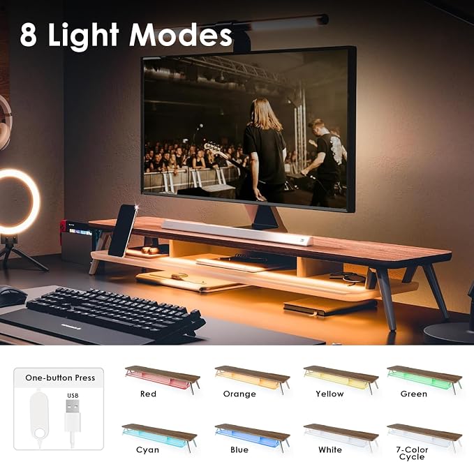 Fenge Dual Monitor Stand with 8-Mode LED Lights and Frosted Shelf, Brown | Sturdy Aluminum Legs, Built-In Phone & Tablet Slot, 2-Tier Storage, 42.5-Inch Desk Shelf for Gaming, Home Office & Streaming