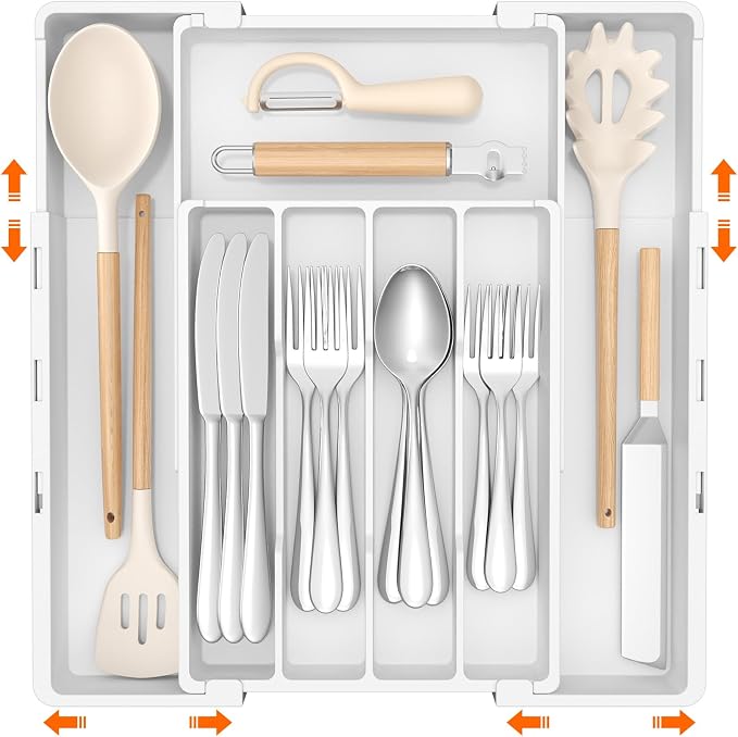 Lifewit Silverware Drawer Organizer, Expandable Utensil Tray for Kitchen, BPA Free Flatware and Cutlery Holder, Adjustable Plastic Storage for Spoons Forks Knives, 4-7 Slots, White
