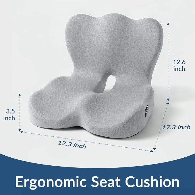 Exclusivo Mezcla Memory Foam Seat Cushion, Light Grey | Ergonomic Tailbone Pain Relief Cushions, Non-Slip Seat Pad, Suitable for Office Chair and Car Seat