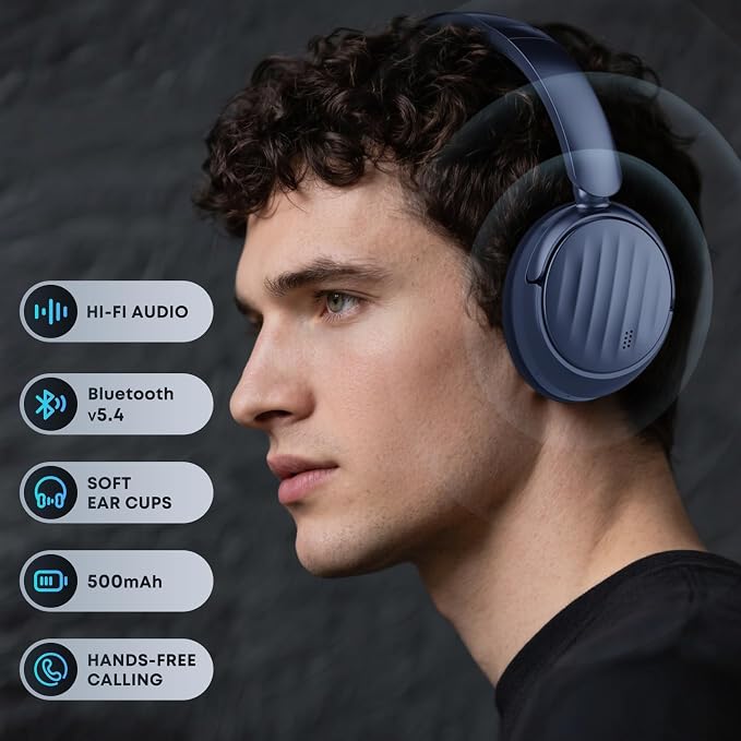 Bluetooth Headphones with Active Noise Cancelling (ANC), Wireless Over Ear Bluetooth Headsets with 35H Playtime, HiFi Stereo Foldable Headphones with Foam Ear Cups for Sports, Travel, Blue