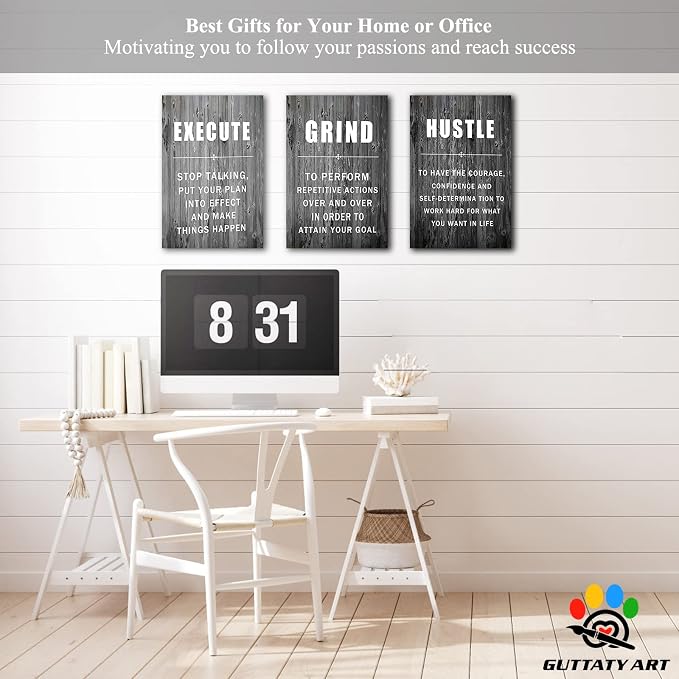 Office Wall Art - 3 Panel Motivational Wall Art, Inspirational Quotes Canvas Art for Home Office Wall Decor, Positive Quotes Wall Decor, Entrepreneur Grind Hustle Execution Poster Frame (12”x18”x3Pcs)