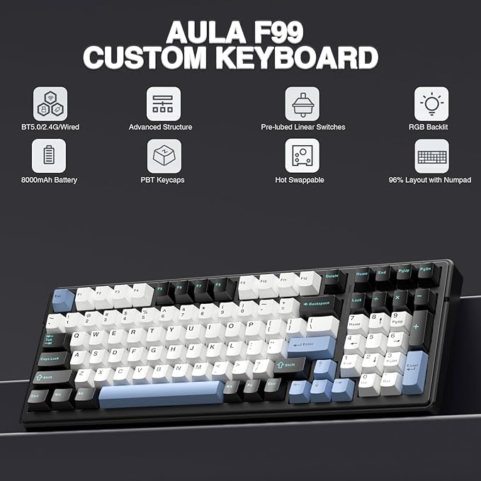 AULA F99 Wireless Mechanical Keyboard,Tri-Mode BT5.0/2.4GHz/USB-C Hot Swappable Custom Keyboard,Pre-lubed Linear Switches,RGB Backlit Gaming Keyboards for PC/Tablet/Xbox/PS4/PS5 (Renewed)