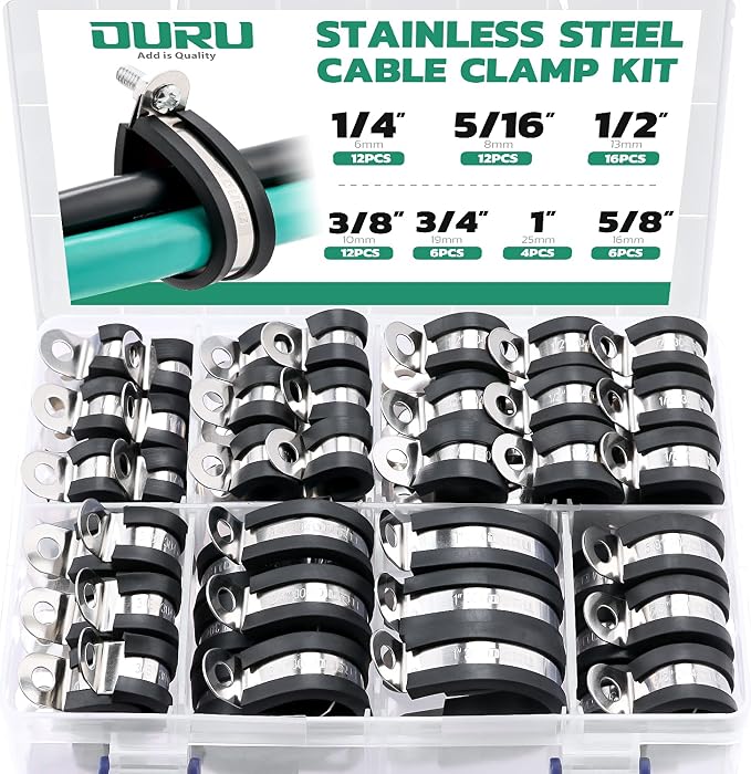 OURU 68PCS Cable Clamps Assortment Kit,Rubber Coated, 1/4"-1" 7 Sizes | 304 Stainless Steel, Anti-Vibration, Rust Resistant, Secure Hold, Automotive Wire, Pipe & Tube Mounting, Cable Management