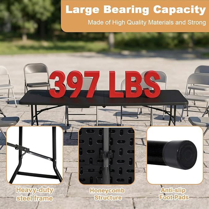 FDW 8FT Plastic Folding Table, Portable with Carrying Handle Perfect for Indoor, Outdoor, Party, Dining, Wedding, Events, Camping, Black