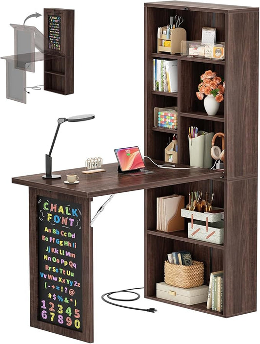 Armocity Small Folding Desk with Outlets, Convertible Writing Desk for Small Spaces/Home Office/Craft Room, Multi-Function Desk Workstation with Blackboard, Fold-Out Cabinet Table, Black Walnut