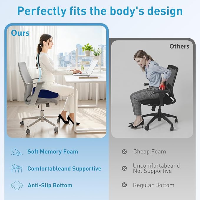 BlissTrends Seat Cushion,5.2in Thick Memory Foam Cushions for Office Chair, Car Seat, Airplane, Relieving Pressure Tailbone Sciatica Back Pain for Long Sitting Office Workers, Car Drivers Blue