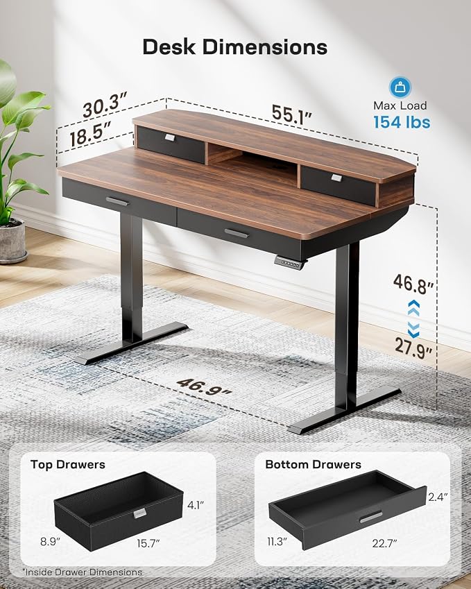 HUANUO 55 x 30 inch Electric Standing Desk with 4 Drawers, Walnut | Deeper 30 Inch Desktop, Cable Tray, Monitor Mount Support, Grommet Routing, 27.9–46.8 Inch Height Range, Home Office Use