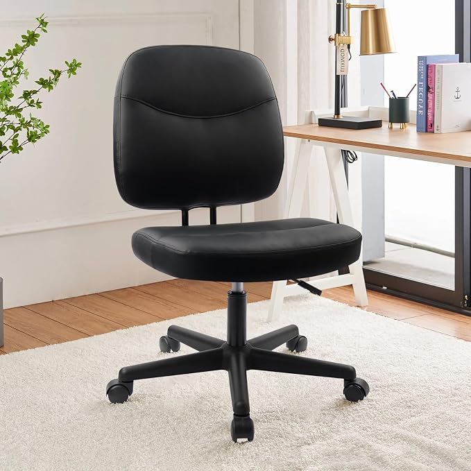 CLATINA Armless Home Office Chair,Small PU Leather Ergonomic Low Back Desk Chair with Lumbar Support and Wheels, Adjustable Height 360° Swivel Rolling Computer Task Chair, Black, 4 Pack