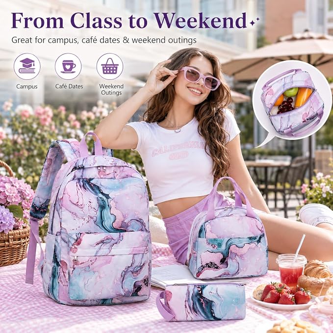Bluboon Teens Backpack Set Girls School Backpack Lunch Box Pencil Bags Student Bookbags 3 in 1 (Green Marble)