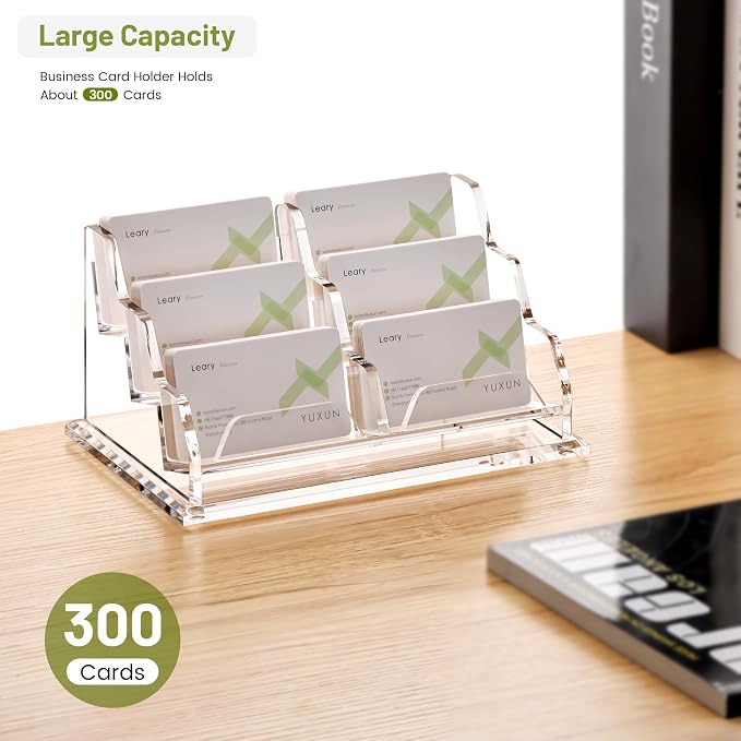 YUXUN Business Card Holder for Desk, Acrylic Business Card Display Stand with 6 Slot, Office Desk Accessories for Man &Woman,300 Cards Capcity, Clear