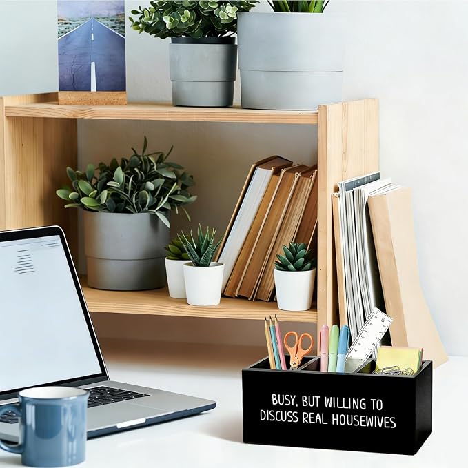Funny Pen Pencil Holder for Desk, Funny Office Gifts for Coworkers, Busy But Willing to Discuss Housewives Wooden Box Sign Organizer for Office Workplace Desk Accessories Tabletop Decorations