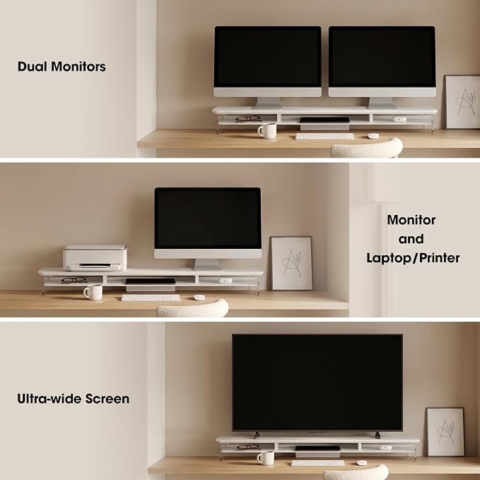 Fenge 42.5" Dual Monitor Stand with Clear Acrylic Legs, White | Clear Acrylic, Storage Compartment, 2-tier Home Office Monitor Riser, Wide Large Desktop Shelf Fit Monitor/Laptop/Printer