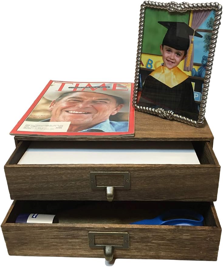 Wallniture Home Office Desk Organizer - Wooden 2 Drawer Under Monitor Stand - Printer Platform - Paper Holder Walnut
