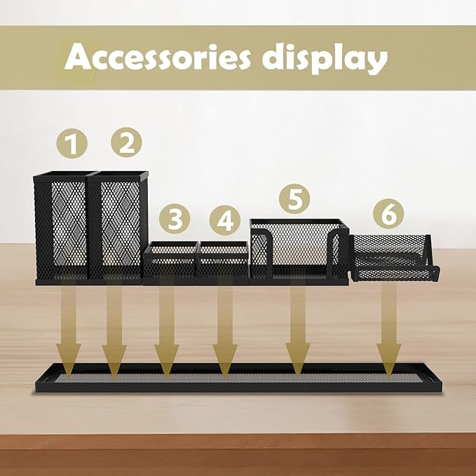 SUPEASY Pen Holder for Desk, 6 Piece Mesh Desk Organizer set for Office Organization with Mail Organizer, Letter Phone Holder, Sticky Notes Caddy Storage, Black