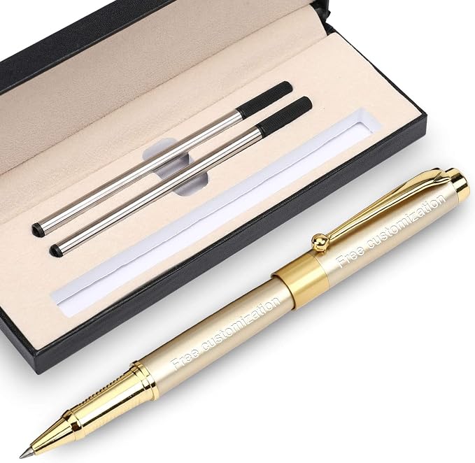 1314 Free Engraving pen Personalized custom pens Roller Ballpen, Ballpoint pen, Ball pen, Medium Refill Pen Black Ink, Custom Gifts for Men, Women, Classy Gift Box (Gold Style 2)