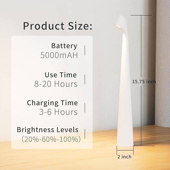 HAPYGI Portable Cordless LED Desk Lamp, Rechargeable Wireless Table Lamp, 3-Level Brightness, Patio & Bedside Night Light, Dining Room Ambient Reading Light (White)