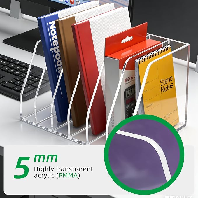 Clear Acrylic Magazine File Holder, 6 Compartment Desk Organizer | 6 spacious vertical compartments hold magazines, files, books & more. 5mm thick clear acrylic, non-slip base. No assembly.
