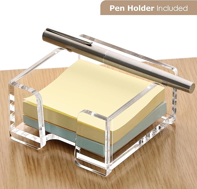 SANRUI Acrylic Sticky Note Holder with Pen Slot Clear Memo Pad Dispenser for 3x3 Inch Notes, All-in-One Desk Accessories for Home Office & School Supplies