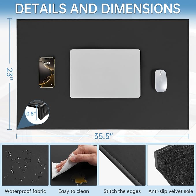 AKOZLIN 35.4"x22.8" Soft PU Leather Surface Office Desk Mouse Mat Pad with Full Grip Fixation Lip Table Blotter Edge-Locked Protector