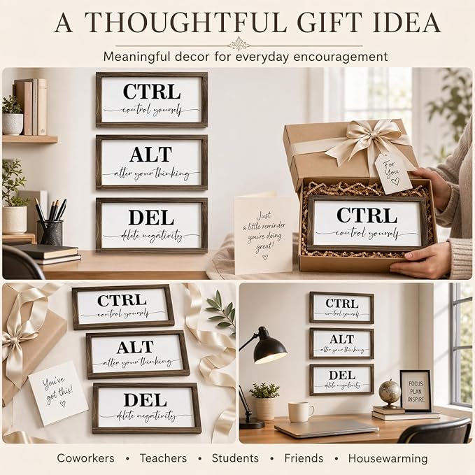 Pinetree Art Motivational Wall Decor for Office, Set of 3 Rustic Wooden Framed Signs, CTRL ALT DEL Inspirational Wall Art for Home Office, Classroom, Desk Wall, Positive Mindset Decor, (6"x12"x3)