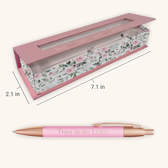 Christian Art Gifts Women's Retractable Ballpoint Scripture Pen in Case: Trust in the Lord - Proverbs 3:5 Inspirational Bible Verse with Pocket Clip, Black Ink & Matching Floral Box, Pink & Rose Gold