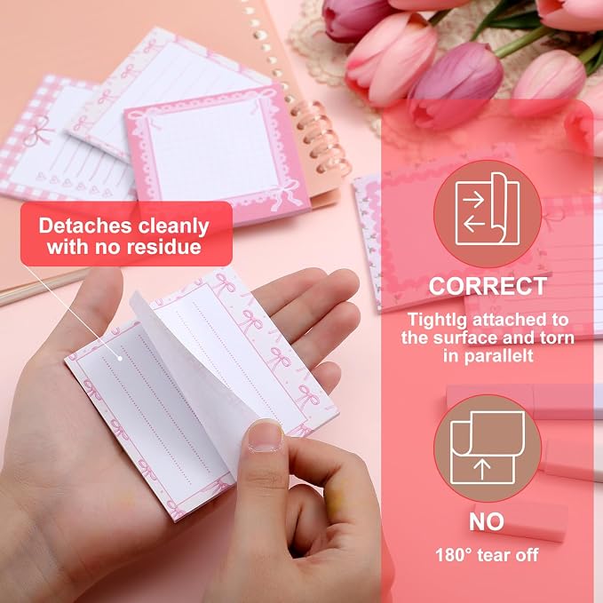 Thenshop 24 Pad/720 Sheets Coquette Bow Sticky Notes 3 x 3 Inch Cute Bow Sticky Note Pads Coquette Stuff Ribbon Notebook Memo Pads School Supplies for Women Party Favors(Pink)
